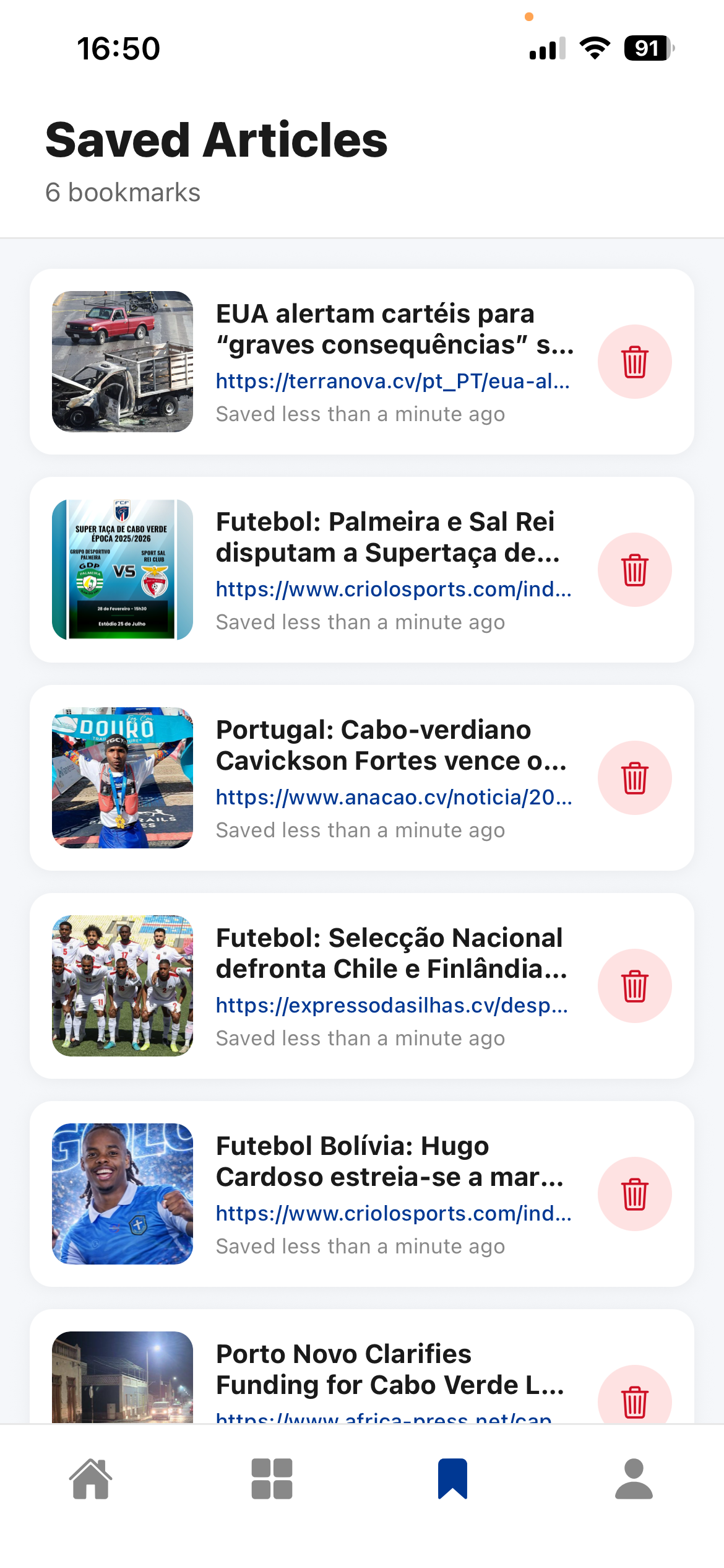 Kampion saved articles screen